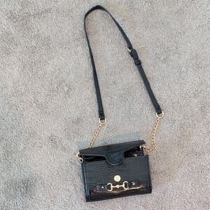 Elegant Black Croc-Embossed Bag with Gold Accents